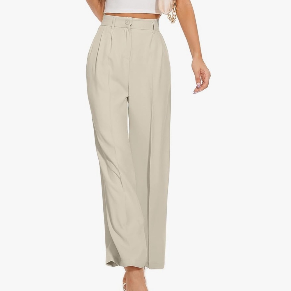 FUNYYZO Wide Leg Work Trousers High Elastic Back Waist Beige Straight Leg Pants - Picture 2 of 8